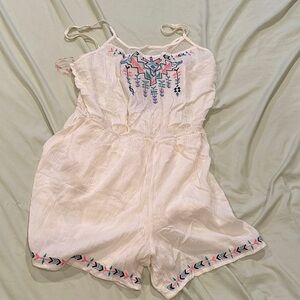 White Embroidered Cotton Romper - Spaghetti Strap One-Piece